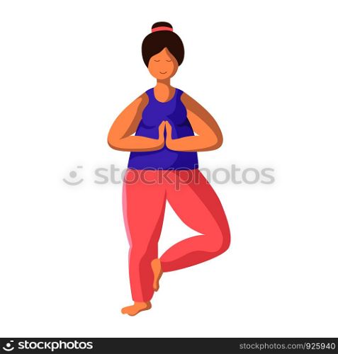 Young fat woman doing yoga on mat, pretty girl doing sport exercise and meditation. Female character in flat style. Isolated figure on white background, vector illustration. Yoga Different People