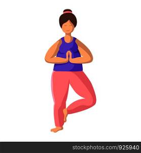Young fat woman doing yoga on mat, pretty girl doing sport exercise and meditation. Female character in flat style. Isolated figure on white background, vector illustration. Yoga Different People
