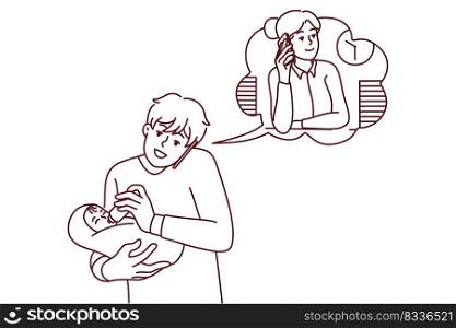 Young father feed baby infant talk with wife working in office on phone. Caring dad with child in hands have call with businesswoman mom. Vector illustration. . Father feeding baby talk with wife in office