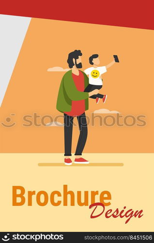 Young father holding child with mobile phone. Selfie, kid, smartphone flat vector illustration. Family and digital technology concept for banner, website design or landing web page