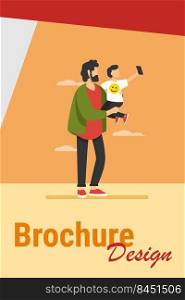 Young father holding child with mobile phone. Selfie, kid, smartphone flat vector illustration. Family and digital technology concept for banner, website design or landing web page