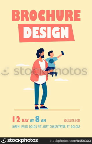 Young father holding child with mobile phone. Selfie, kid, smartphone flat vector illustration. Family and digital technology concept for banner, website design or landing web page