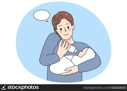 Young father multitasking feeding newborn kid talking on phone. Dad taking care of child and speaking on cellular. Parenthood concept. Vector illustration.. Father feeding newborn talking on phone