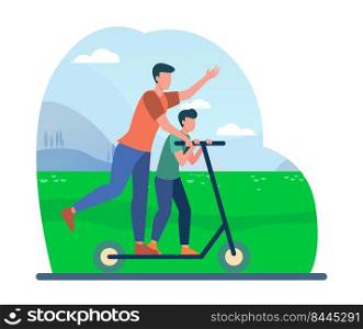 Young father riding on electric scooter with son. Family, landscape, park flat vector illustration. Activity and summer vacation concept for banner, website design or landing web page