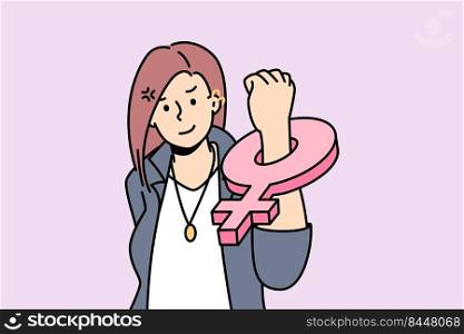 Young fema≤feminist with fema≤symbol on fist stand for feminism and women rights. Concept of∫ernational day of elimination of vio≤nce against woman. Vector illustration.. Woman with feminism sign on hand