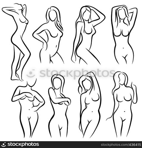 Young female body outline silhouettes vector beauty logos. Woman body beauty sketch, sexy figure nude illustration. Young female body outline silhouettes vector beauty logos
