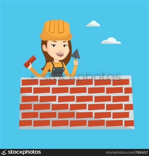 Young female bricklayer in uniform and hard hat. Caucasian bicklayer working with spatula and brick on construction site. Bricklayer building brick wall. Vector flat design illustration. Square layout. Bricklayer working with spatula and brick.