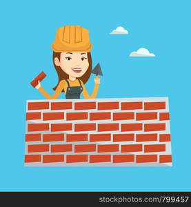 Young female bricklayer in uniform and hard hat. Caucasian bicklayer working with spatula and brick on construction site. Bricklayer building brick wall. Vector flat design illustration. Square layout. Bricklayer working with spatula and brick.