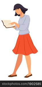Young female character holding book reading publication and walking. Isolated student personage learning lessons and disciplines lectures for classes and exams in school. Vector in flat style. Female student walking and reading book vector