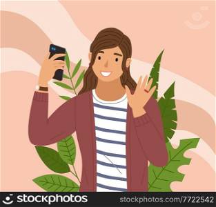 Young female character makes a selfie on the background of plants. A beautiful girl uses the phone to take a photo. A woman uses her smartphone to preserve the memory of the place she visited. Girl taking selfie. Female pesronage takes a photo. Illustration of a girl using her smartphone