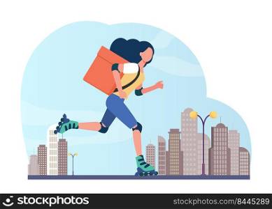 Young female courier on roller delivering food. Box, speed, parcel flat vector illustration. Delivery service and urban lifestyle concept for banner, website design or landing web page