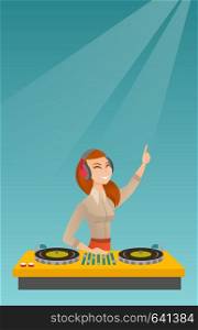 Young female DJ mixing music on the turntables. Smiling DJ playing and mixing music on the deck. Caucasian DJ in headphones mixing music at a party. Vector flat design illustration. Vertical layout.. DJ mixing music on the turntables.