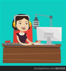 Young female dj working in front of microphone, computer and mixing console on the radio. Cheerful news presenter in headset working on a radio station. Vector flat design illustration. Square layout.. Female dj working on the radio vector illustration