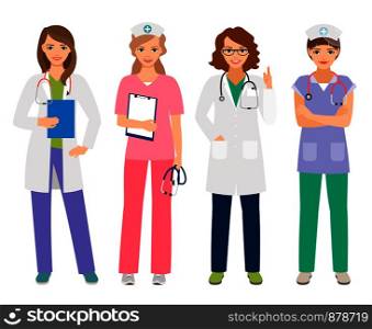 Young female doctor and woman nurse characters vector illustration. Smiling hospital workers, standing women portrait isolated on white. Young female doctor and nurse characters