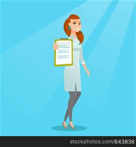 Young female doctor showing a clipboard with a prescription. Female doctor in a medical gown holding a clipboard. Caucasian doctor with patient records. Vector flat design illustration. Square layout.. Doctor with a clipboard vector illustration.