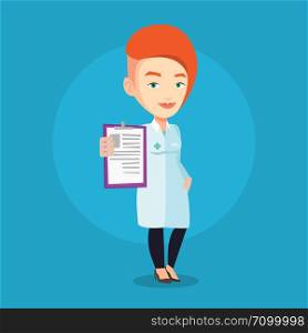 Young female doctor showing clipboard with prescription. Female doctor in medical gown holding clipboard. Caucasian doctor with patient records. Vector flat design illustration. Square layout.. Doctor with clipboard vector illustration.