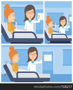 Young female doctor visiting female patient and pointing finger up during consultation in hospital room. Vector flat design Illustration. Square, horizontal, vertical layouts.. Doctor visiting patient.
