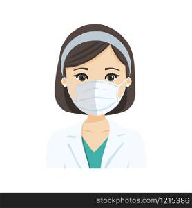 Young female doctor wearing the n95 respiratory protection mask, against infectives diseases. Flat vector illustration