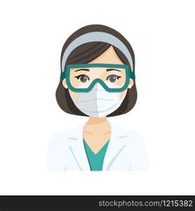 Young female doctor wearing the n95 respiratory protection mask and glasses, against infectives diseases. Flat vector illustration