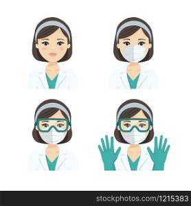 Young female doctor wearing the n95 respiratory protection mask, glasses and gloves, against infectives diseases. Flat vector illustration