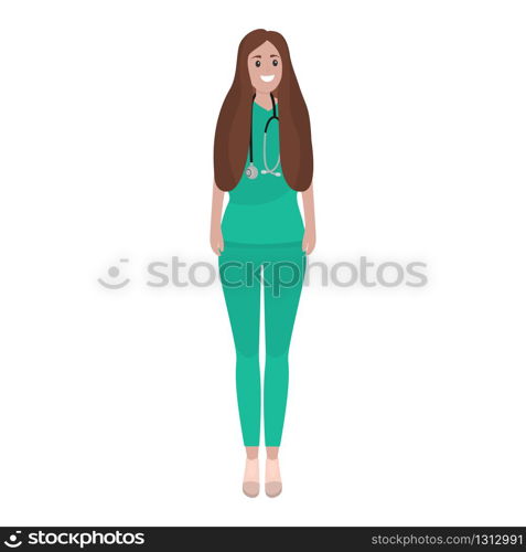 Young female doctor with stethoscope in a hospital. Cartoon flat, vector illustration.. Young female doctor with stethoscope in a hospital. Cartoon flat, vector illustration