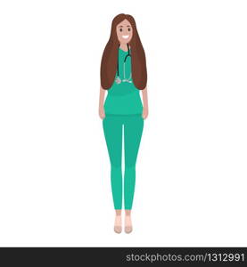 Young female doctor with stethoscope in a hospital. Cartoon flat, vector illustration.. Young female doctor with stethoscope in a hospital. Cartoon flat, vector illustration