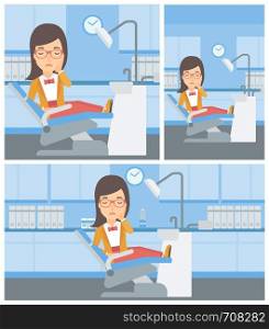 Young female patient sitting in dental chair at dentist office and suffering from tooth pain. Woman having a toothache. Vector flat design Illustration. Square, horizontal, vertical layouts.. Woman suffering in dental chair.