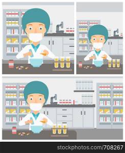 Young female pharmacist in mask using mortar and pestle for preparing medicine in the laboratory. Vector flat design Illustration. Square, horizontal, vertical layouts.. Pharmacist preparing medication.