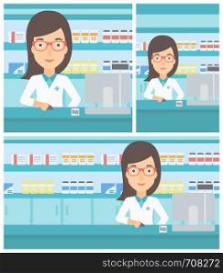 Young female pharmacist in medical gown standing at pharmacy counter and working on a computer. Vector flat design Illustration. Square, horizontal, vertical layouts.. Pharmacist at counter with computer monitor.