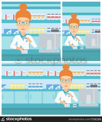 Young female pharmacist in medical gown standing at pharmacy counter, writing on clipboard and holding prescription in hand. Vector flat design Illustration. Square, horizontal, vertical layouts.. Pharmacist writing prescription.