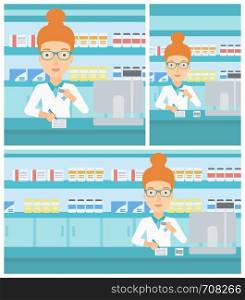 Young female pharmacist in medical gown standing at pharmacy counter, writing on clipboard and holding prescription in hand. Vector flat design Illustration. Square, horizontal, vertical layouts.. Pharmacist writing prescription.