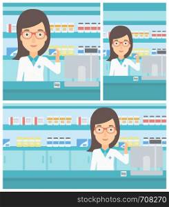 Young female pharmacist standing at the counter and showing a box of pills in the pharmacy. Vector flat design Illustration. Square, horizontal, vertical layouts.. Pharmacist showing some medicine.