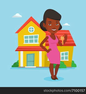 Young female real estate agent holding keys. Smiling real estate agent with keys standing on the background of house. Happy new owner with house keys . Vector flat design illustration. Square layout.. Real estate agent with key vector illustration.