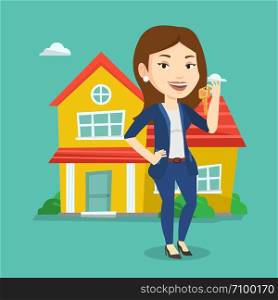 Young female real estate agent holding keys. Smiling real estate agent with keys standing on a background of the house. Happy new owner with keys house. Vector flat design illustration. Square layout.. Real estate agent with key vector illustration.