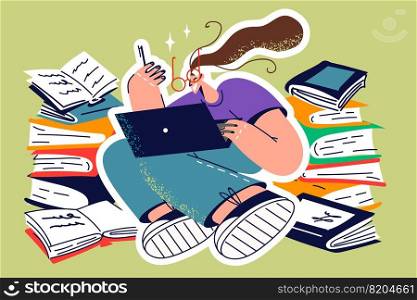 Young female student study online on laptop with piles of books near. Smiling girl busy on computer with remote education surrounded by textbooks. Vector illustration.. Female student study on laptop with books