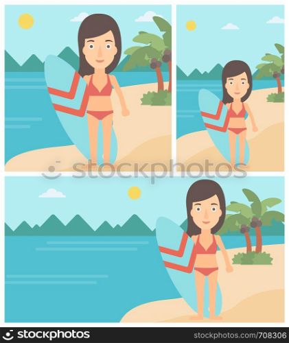 Young female surfer standing with a surfboard on the beach. Female professional surfer with a surf board at the beach. Vector flat design illustration. Square, horizontal, vertical layouts.. Surfer holding surfboard vector illustration.