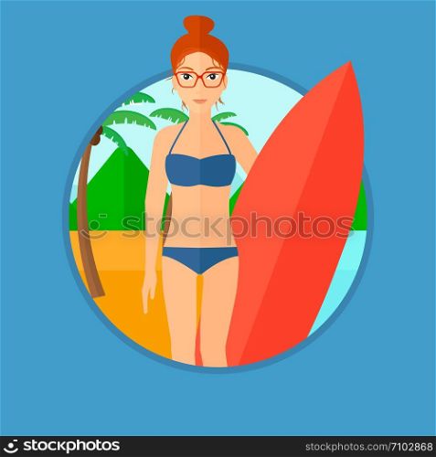 Young female surfer standing with a surfboard on the beach. Female professional surfer with a surf board at the beach. Vector flat design illustration in the circle isolated on background.. Surfer holding surfboard.