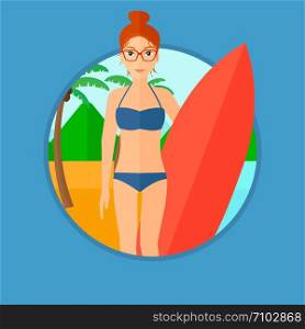 Young female surfer standing with a surfboard on the beach. Female professional surfer with a surf board at the beach. Vector flat design illustration in the circle isolated on background.. Surfer holding surfboard.