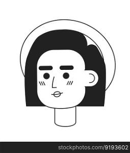 Young female traveler wearing straw hat monochromatic flat vector character head. Editable black white cartoon face emotion. Hand drawn lineart ink spot illustration for web graphic design, animation. Young female traveler wearing straw hat monochromatic flat vector character head