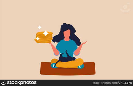 Young financial woman with income money and relax. Worker yoga monetization and meditation investing vector illustration concept. Businesswoman freelancer saving and growth finance investment to cash