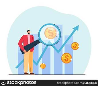 Young financier researχng market flat vector illustration. Busi≠ssman studying statistics with hu≥magnifying glass on background of graφc. Analytics, profit, currency concept for ban≠r design