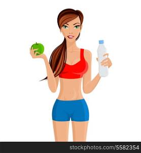 Young fit attractive girl maintains healthy weight with apple water diet and workout vector illustration