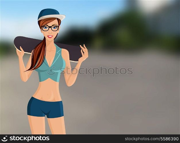Young fit happy girl sport clothes with skate board portrait on outdoor background vector illustration