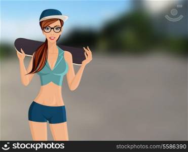 Young fit happy girl sport clothes with skate board portrait on outdoor background vector illustration