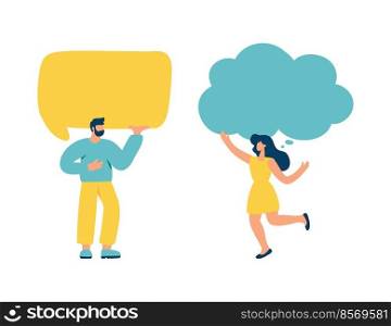 Young flat vector man and woman holding speech bubbles communication chat. Concept of announcement, advertising, promotion, business, empty template illustration.. Young flat vector man and woman holding speech bubbles communication chat. Concept of announcement, advertising, promotion, business, empty template illustration