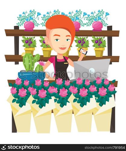 Young florist using phone and laptop to take order. Florist standing behind the counter at flower shop. Woman working in flower shop. Vector flat design illustration isolated on white background.. Florist at flower shop vector illustration.
