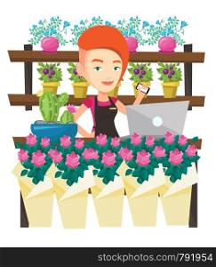 Young florist using phone and laptop to take order. Florist standing behind the counter at flower shop. Woman working in flower shop. Vector flat design illustration isolated on white background.. Florist at flower shop vector illustration.