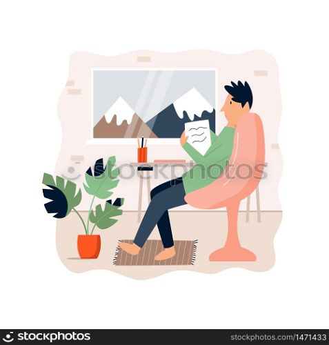 Young freelancer man working remotely from home. Vector illustration. Home office concept. Young freelancer man working remotely from home