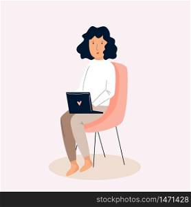 Young freelancer woman working remotely from home. Vector illustration. Home office concept. Young freelancer woman working remotely from home