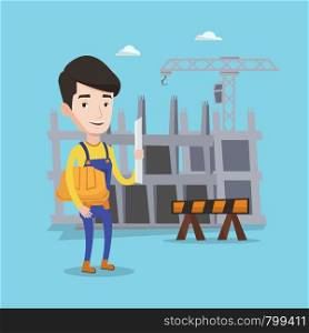 Young friendly engineer with a blueprint at construction site. Man holding a twisted blueprint and hard hat. An engineer checking construction works. Vector flat design illustration. Square layout.. Engineer with hard hat and blueprint.